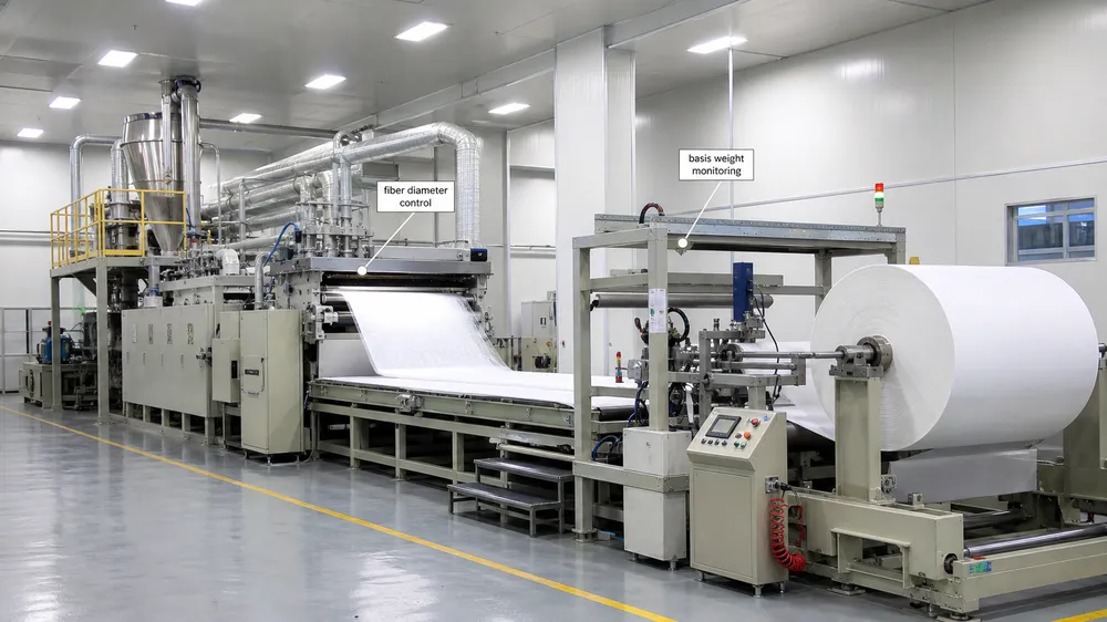 In-house meltblown nonwoven fabric production line at eztio factory in Gaomi China for surgical mask filtration layer
