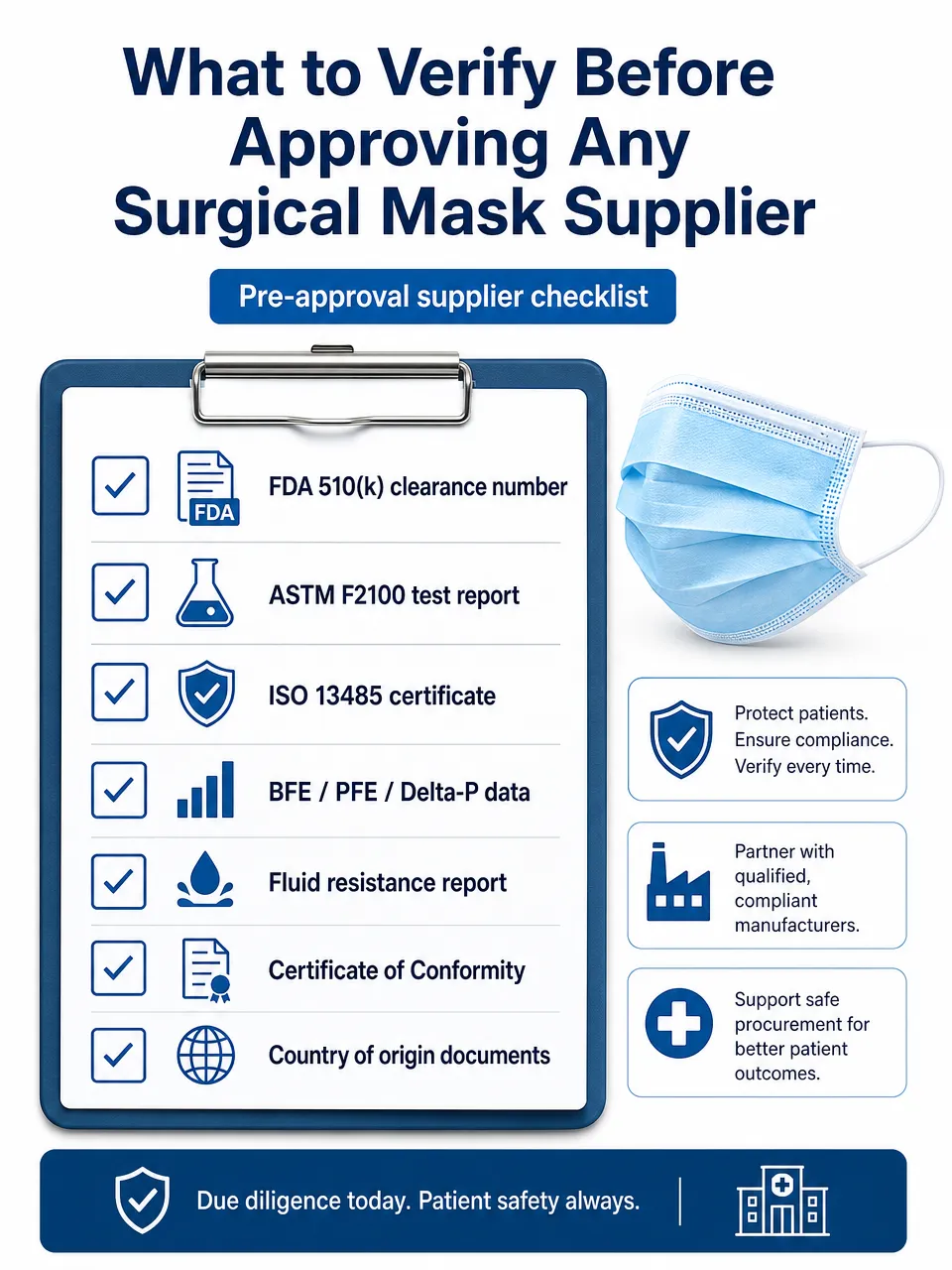 Surgical mask supplier compliance checklist for US healthcare procurement including FDA 510k and ASTM F2100 verification steps