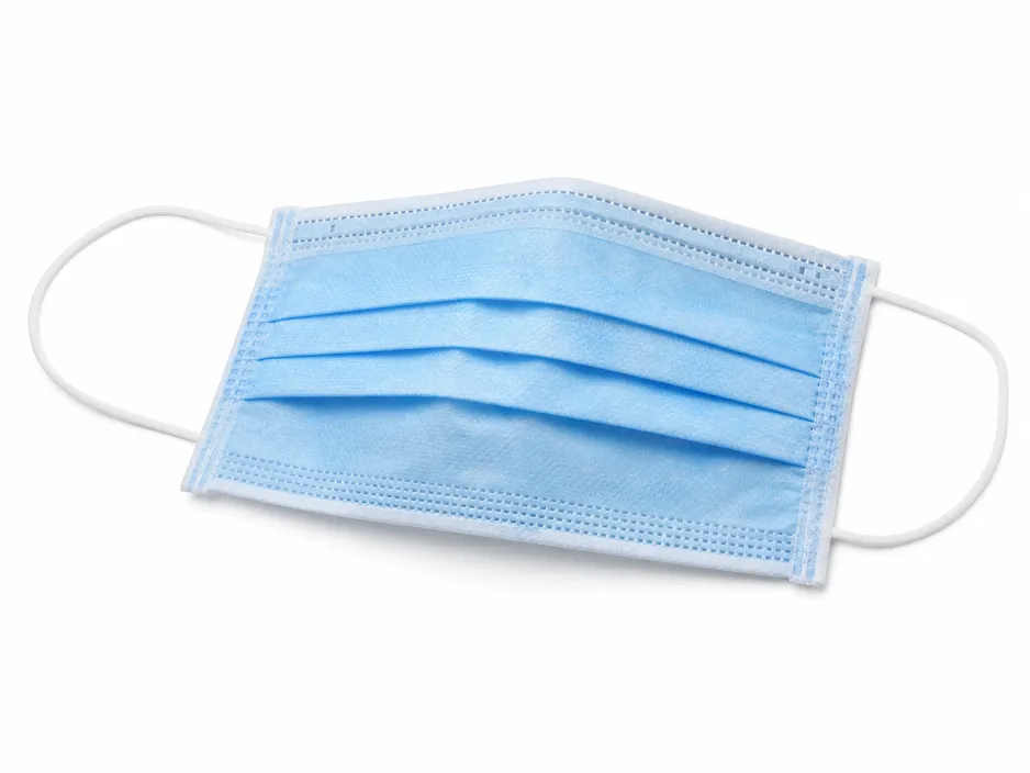 Disposable surgical medical mask — 3-ply flat-fold design with ear loops, shown in blue