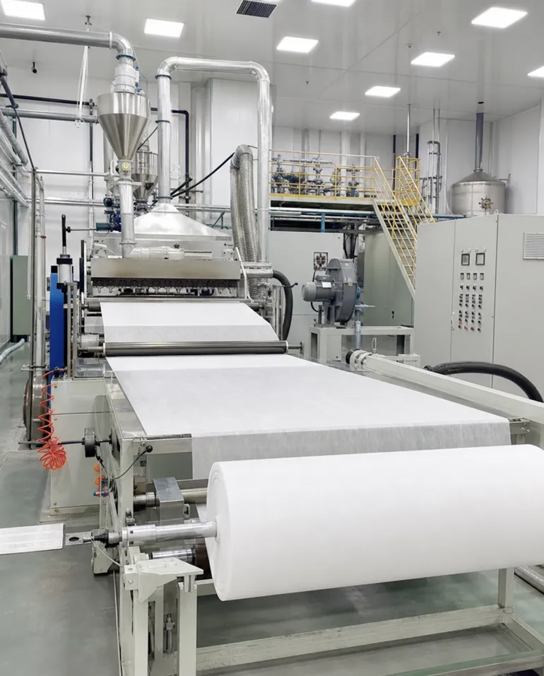 In-house meltblown nonwoven fabric extrusion line producing filtration media for surgical masks