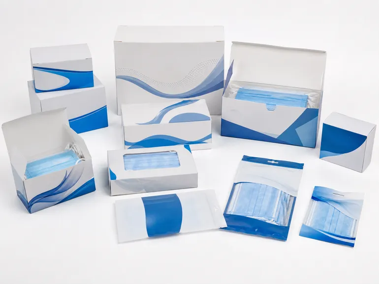 Custom OEM packaging options for disposable surgical masks showing branded boxes and retail pouches