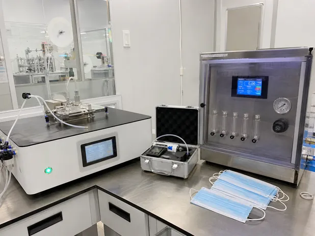 In-house laboratory equipment used for BFE, PFE, and Delta-P batch testing on surgical masks