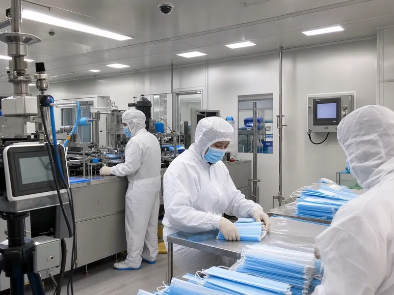 ISO 8 Class 100,000 cleanroom production environment with gowned operators and particle monitoring equipment