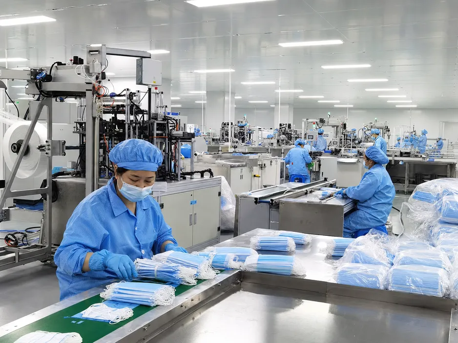 Surgical medical mask production in ISO 8 cleanroom facility at Gaomi Eztio